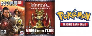 Game box art for World of Warcraft, Mass Effect 2, Unreal Tournament, and Pokemon Trading Card game.