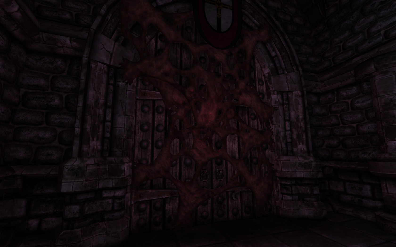 Two giant wooden doors are covered in a red, fleshy substance like a spiderweb.
