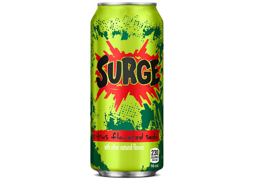 A can of Surge citrus-flavored soda. Neon green can with a red explosion bearing the Surge name in black letters.